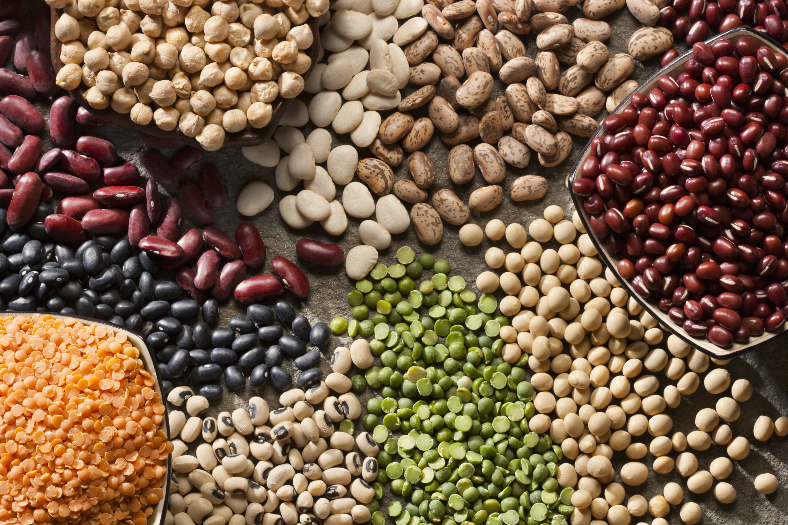 Piles of a variety of healthy organic legumes.