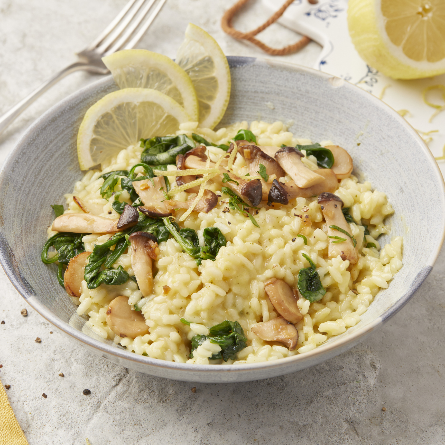 creamy vegan lemon risotto in a bowl