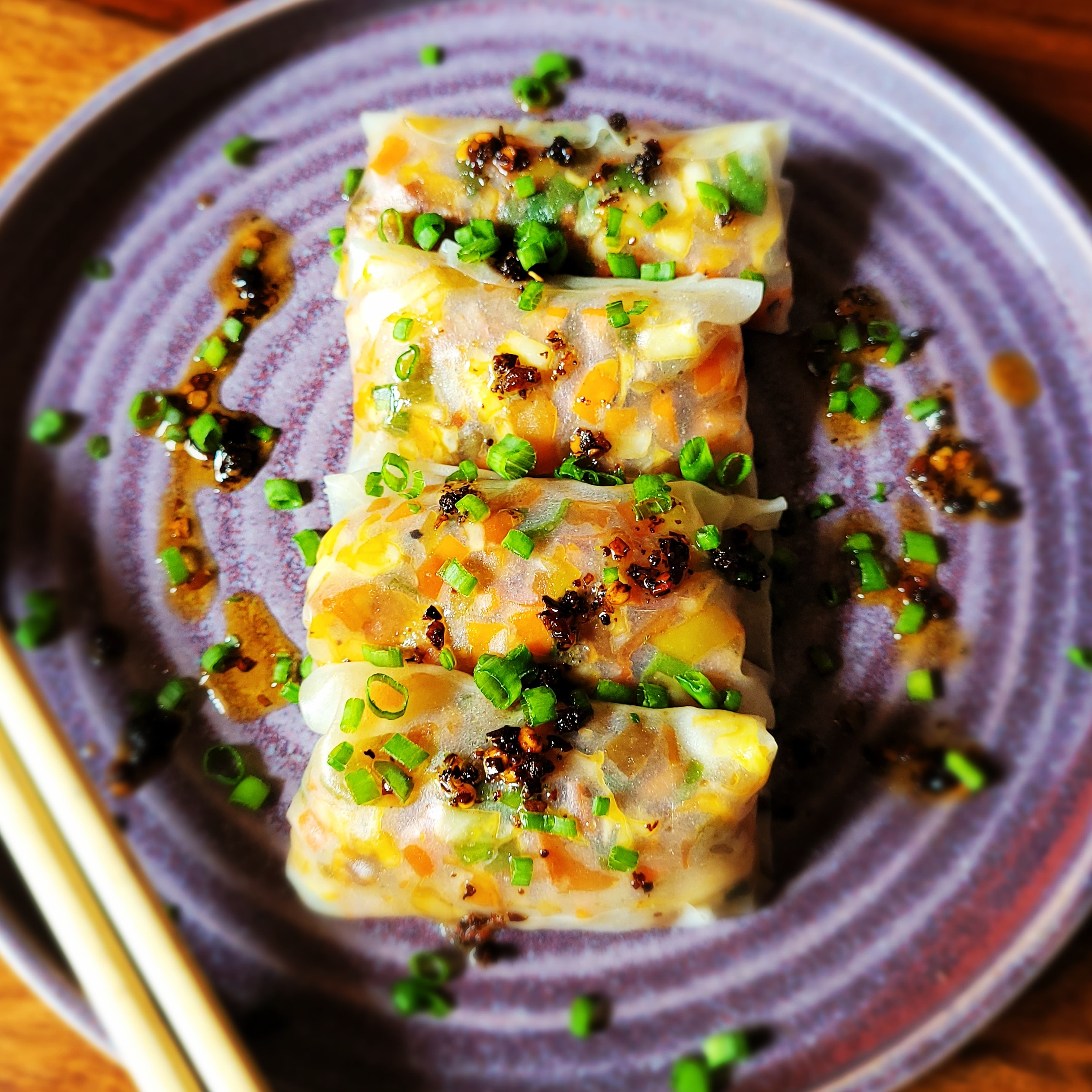 vegan rice paper dumplings on a plate