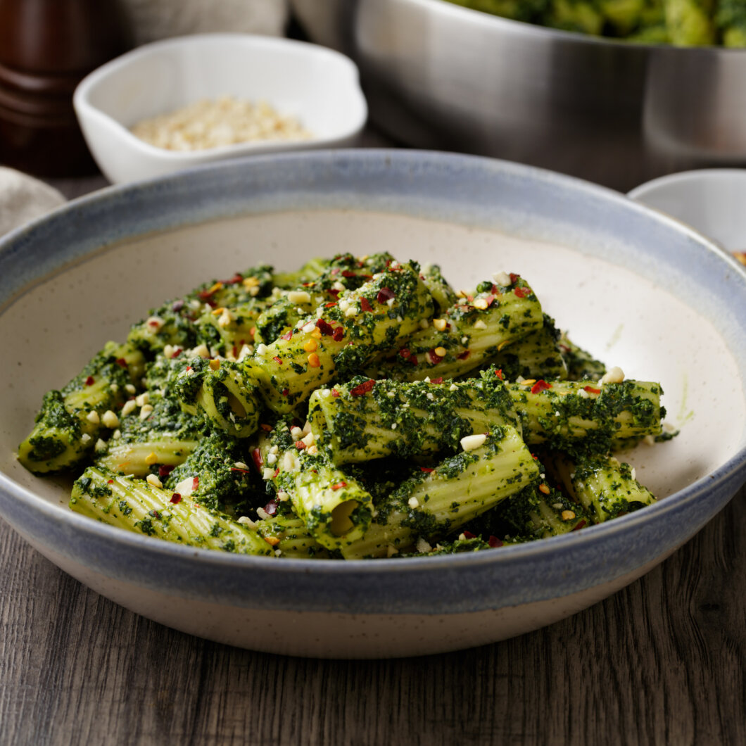 Vegan Spicy Pesto Rigatoni