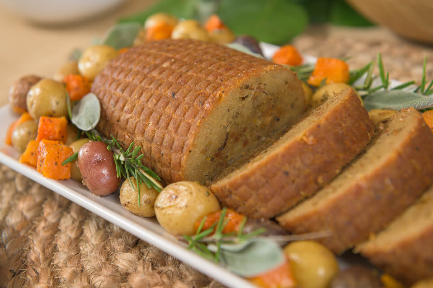 vegan turkey roast on a table